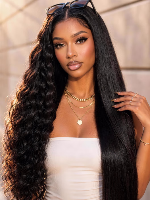 Model wearing premium wig styling